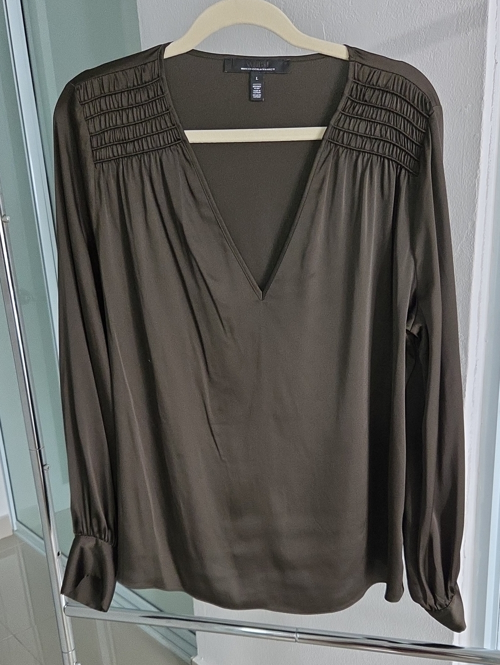 White House Black Market Dark Olive V-Neck Pintuck Shoulder Blouse